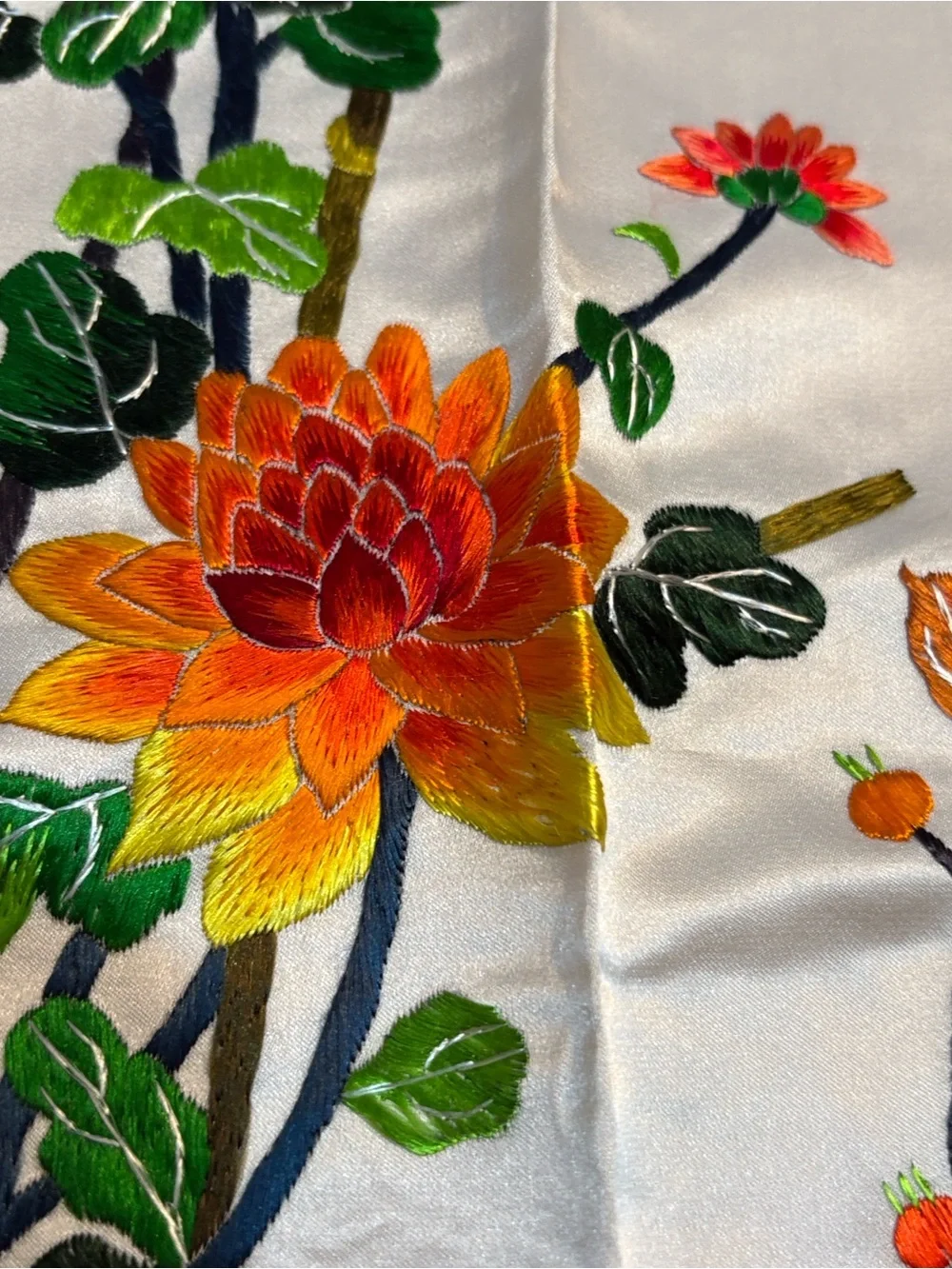 Vintage Chinese Silk Embroidered Crane & Floral Panel